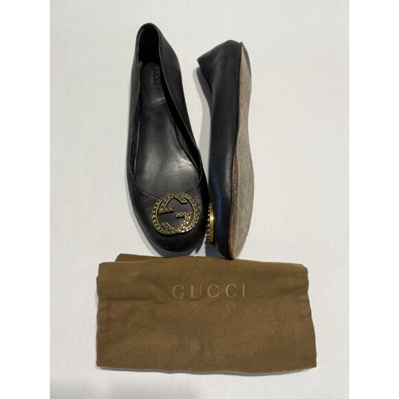 Gucci Charlotte Nero Black Nappa Leather GG Ballet Flats Vintage Women's 38 - Picture 4 of 10